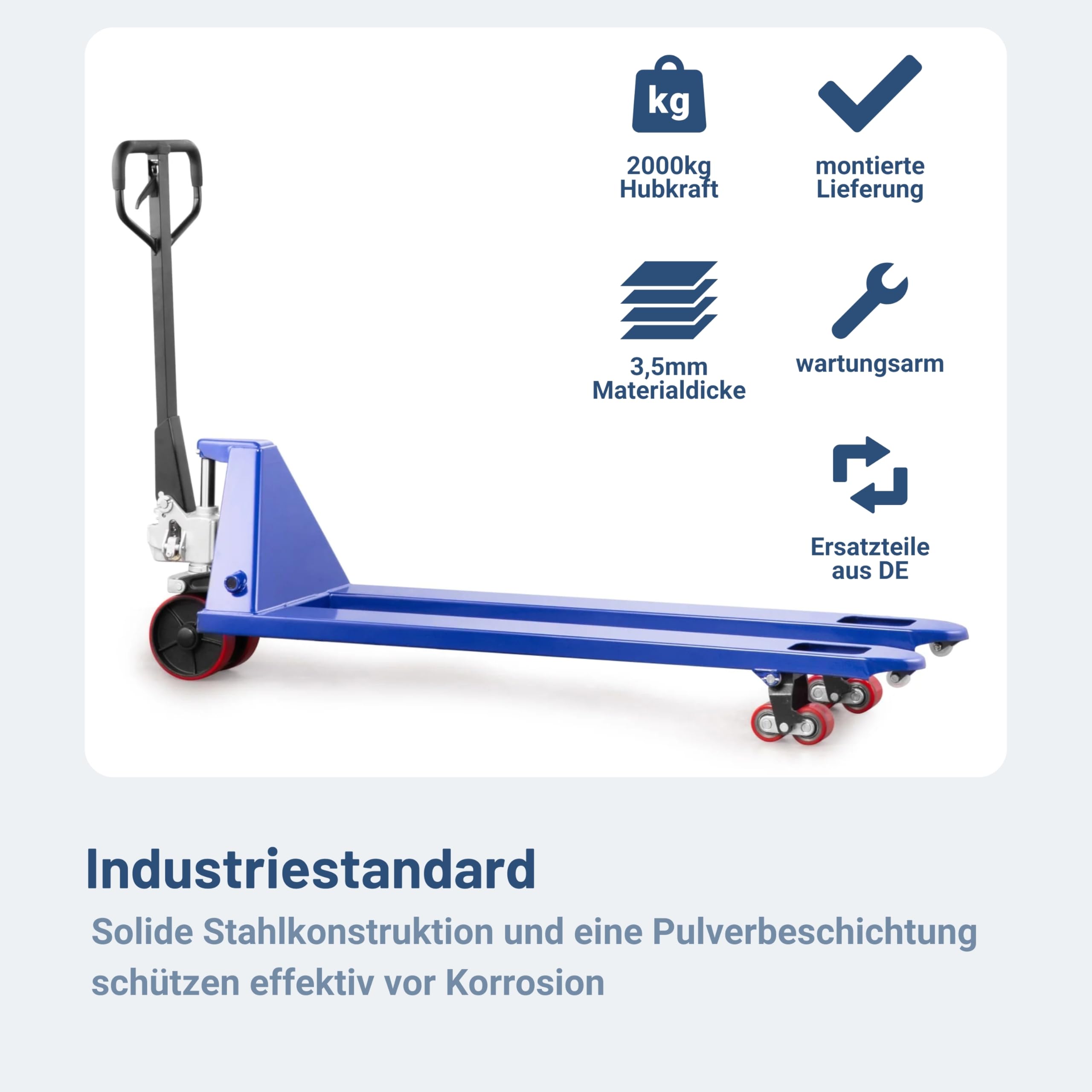 Pallit Hubwagen lang 2000 kg Tragkraft 2000 mm Gabellänge PU Rollen Long-L Gabelhubwagen Handhubwagen Langer Palettenwagen aus Stahl
