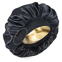 Vista 1 de Gorro de seda para dormir de doble capa de satén ajustable para mujeres negras, gorro de dormir reversible para cabello rizado (negro)