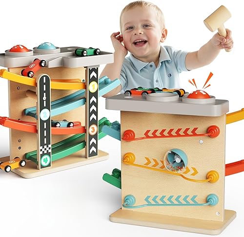 Toddler Toys for 1 Year Old Boy Girl 2 in 1 Pound Ball Toy & Car Ramp Race Track Learning Early Developmental & Educational Montessori Toys for Toddler 1-3 Year Old Birthday Gifts(SIZE B)
