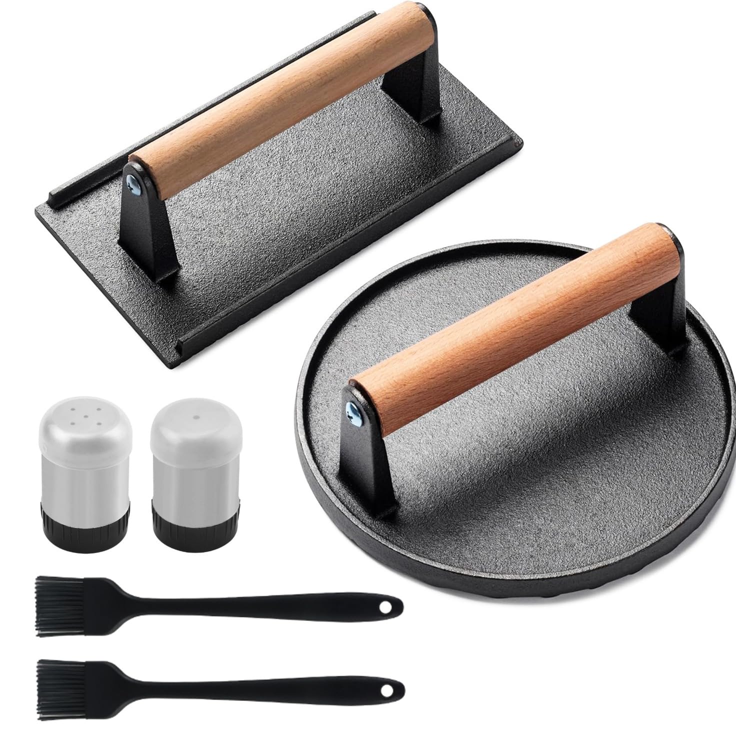 Smash Burgerpresse für Fleisch, Speck, robuste Gusseisen-Grills, Zerkleinerungs-Burgerform, Fleischkuchenmaschine mit Holzgriff für gegrilltes Steak, Speck, Sandwich, Gemüse
