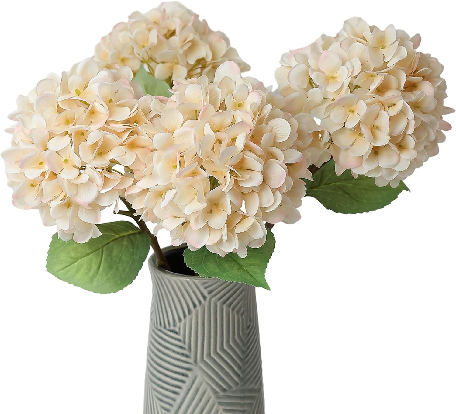 mizii 4Pcs Beige Artificial Hydrangea Flowers Large Fake Silk Hydrangea Flower with Leaves Stems Realistic Faux Hydrangeas Decorations for Wedding Table Centerpieces Vase Home Decor (Beige)
