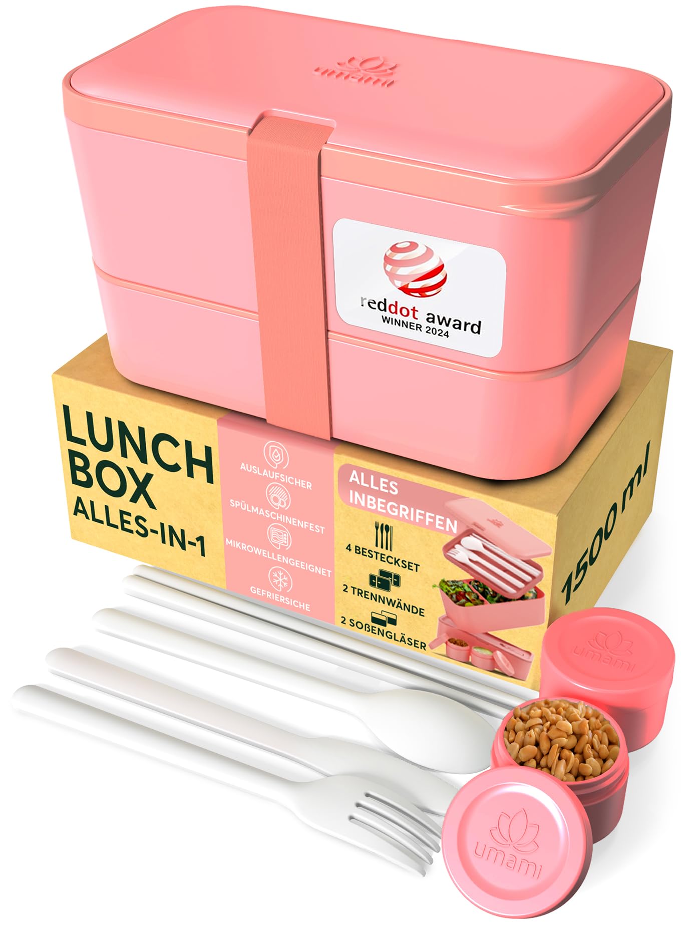 Umami Adult Lunch Box, Nestable Leak-Proof Bento Box with 4 Cutlery & Compartments, Adult Lunch Box, Salad Container To-Go, Lunch Box for Picnic/Office, Coral Pink, 1500 ml