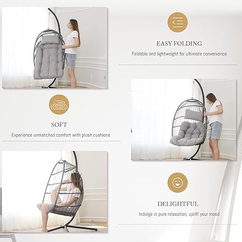 Miniatura 12 de Silla colgante de huevo, de mimbre y ratán, cojines resistentes a los rayos ultravioleta, capacidad de 350 libras, para dormitorio, balcón, patio