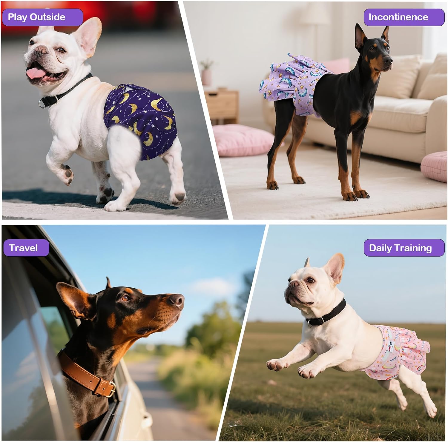 Female Dog Diapers Reusable No Tail Hole Period Panties Washable Diapers Female for Docked-Tail Frenchie French Bulldog Boston Terrier Without Tail (2 Pack Regular+2 Pack Skirts) U-WWDQB04M