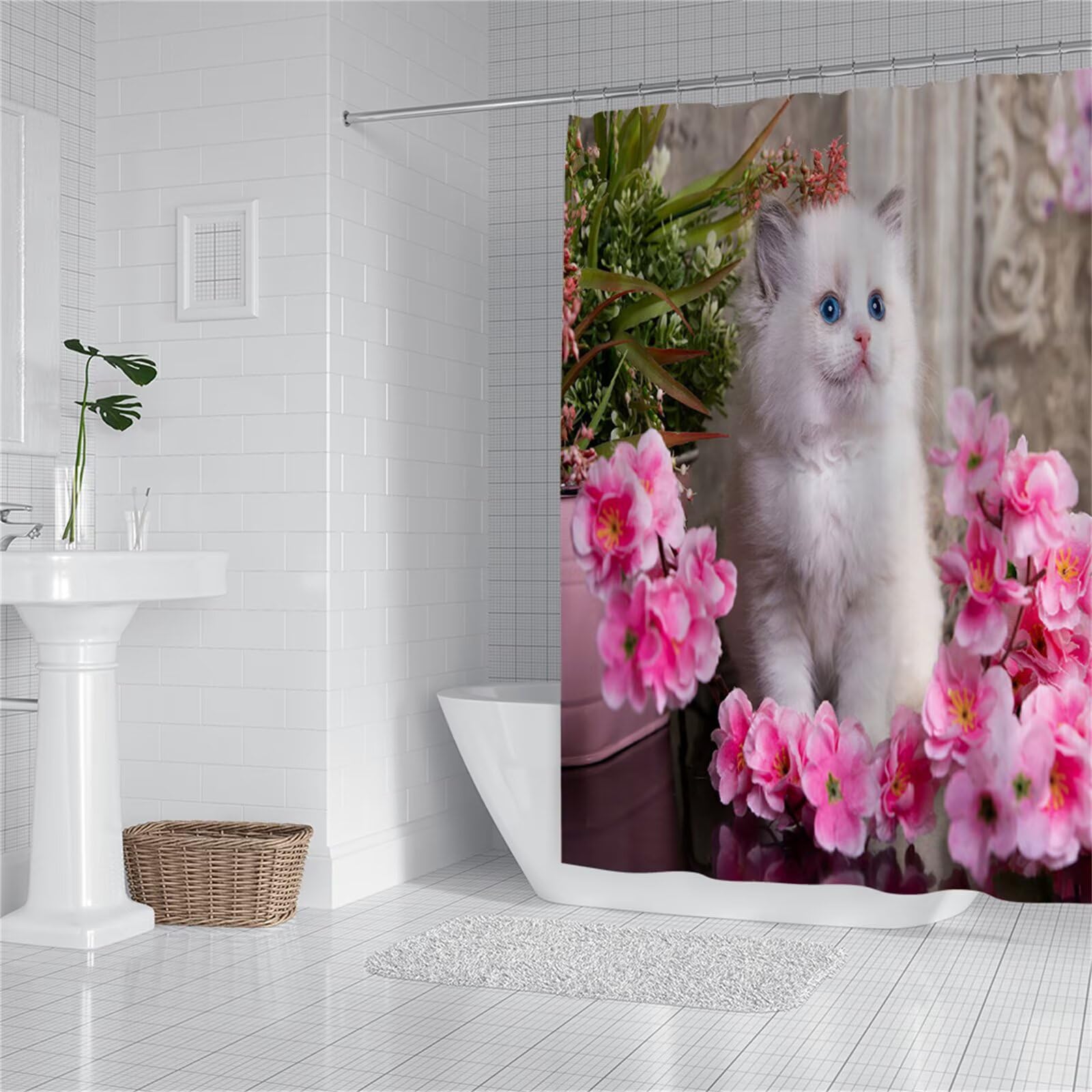 Rideau douche imperméable chat avec ourlet lesté anti-vent