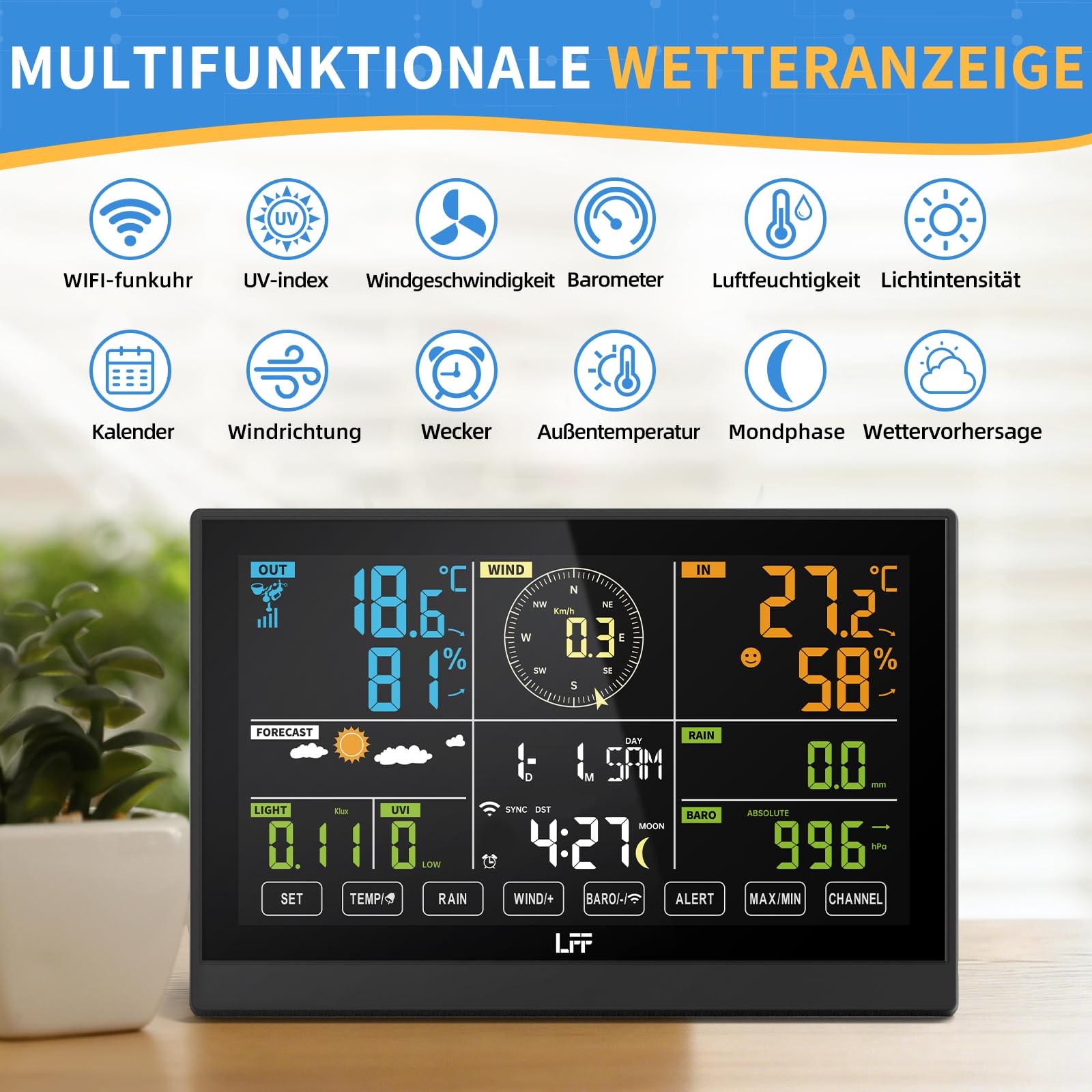 LFF WLAN 7-In-1 Wetterstation Funk mit Außensensor, 7,5 Zoll Display,Wetterstation mit Smart Life-App,Wetterstation mit 4 Stufen Hintergrundbeleuchtung,UV-Index,Windmesser,Regenmesser,Wettervorhersage