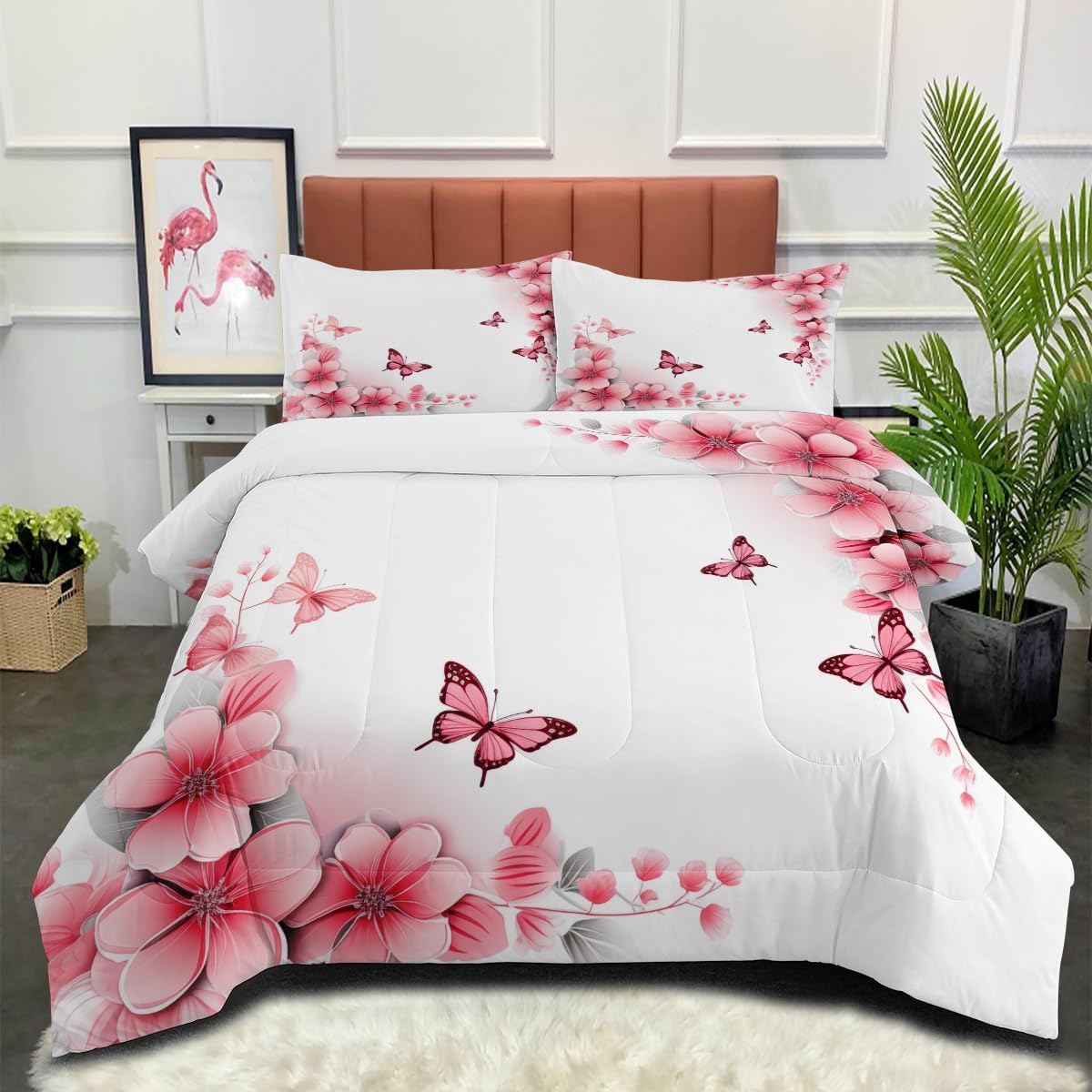 Microfiber Queen Size Comforter Bedding Set Plum Pink Floral Pattern Comforter Set Comforter Sets Kids Adult Bedroom Quilt Set with Pillowcases
