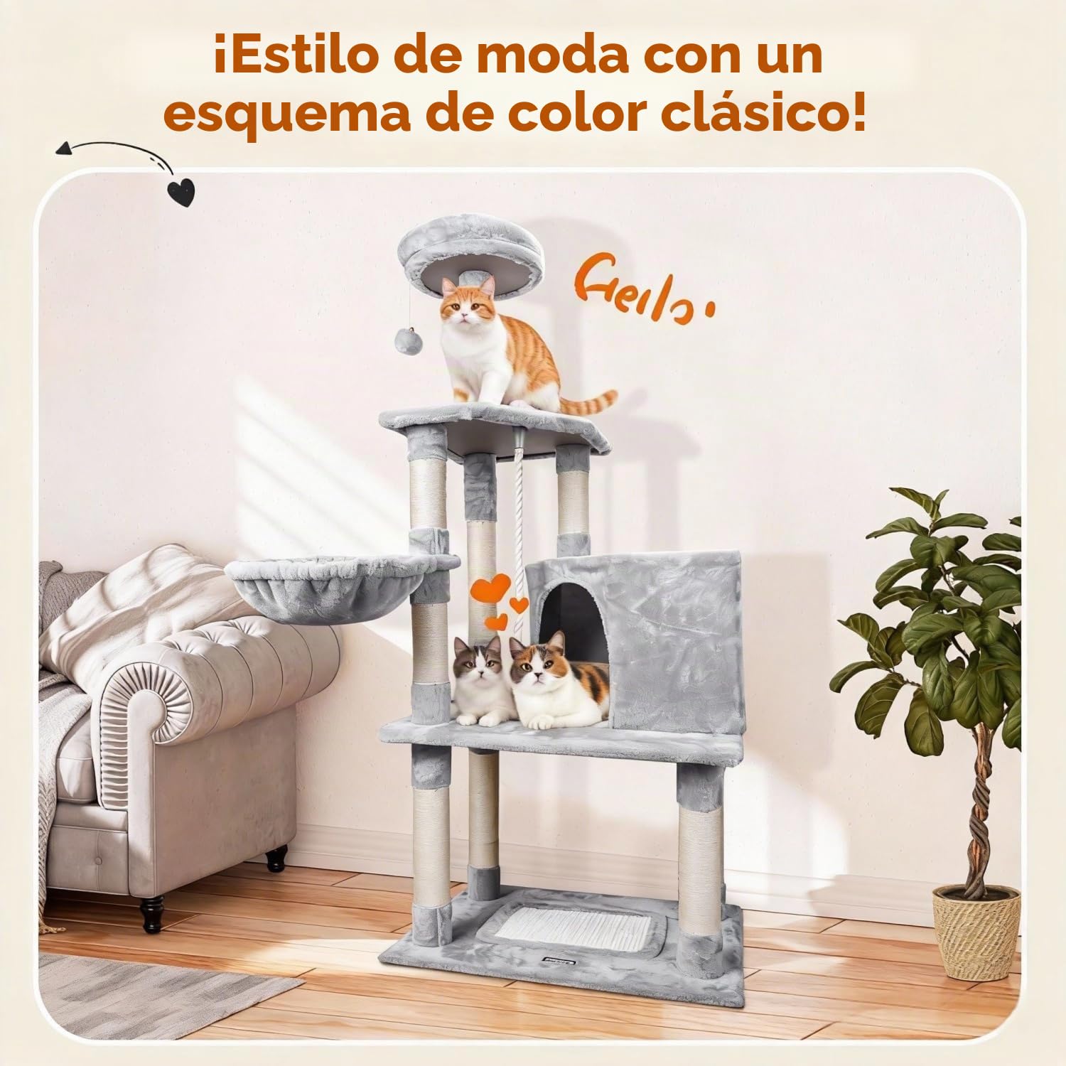 Nobleza Rascador para Gatos Grande 168cm, Arbol Rascador para Gatos con 9 Postes de Sisal, 2 Nidos, Hamaca y Pompón, Gris