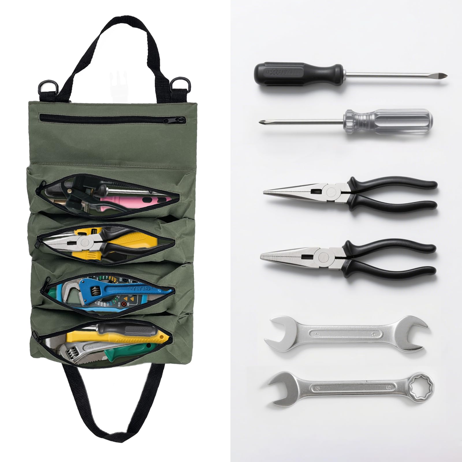 Borsa per Attrezzi Arrotolabile Utensili Multi Access, Tasche Attrezzi con Tracolla Regolabile con 5 Tasche con Cerniera, Ldeale per Ldraulici, Commercianti ed Elettricisti