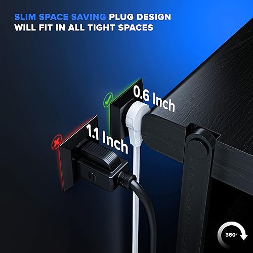 Miniatura 2 de Maximm Cable de extensión de enchufe plano giratorio de 360 de 1 pie, cable de extensión de 3 tomas de corriente múltiple de 16 AWG, cable de