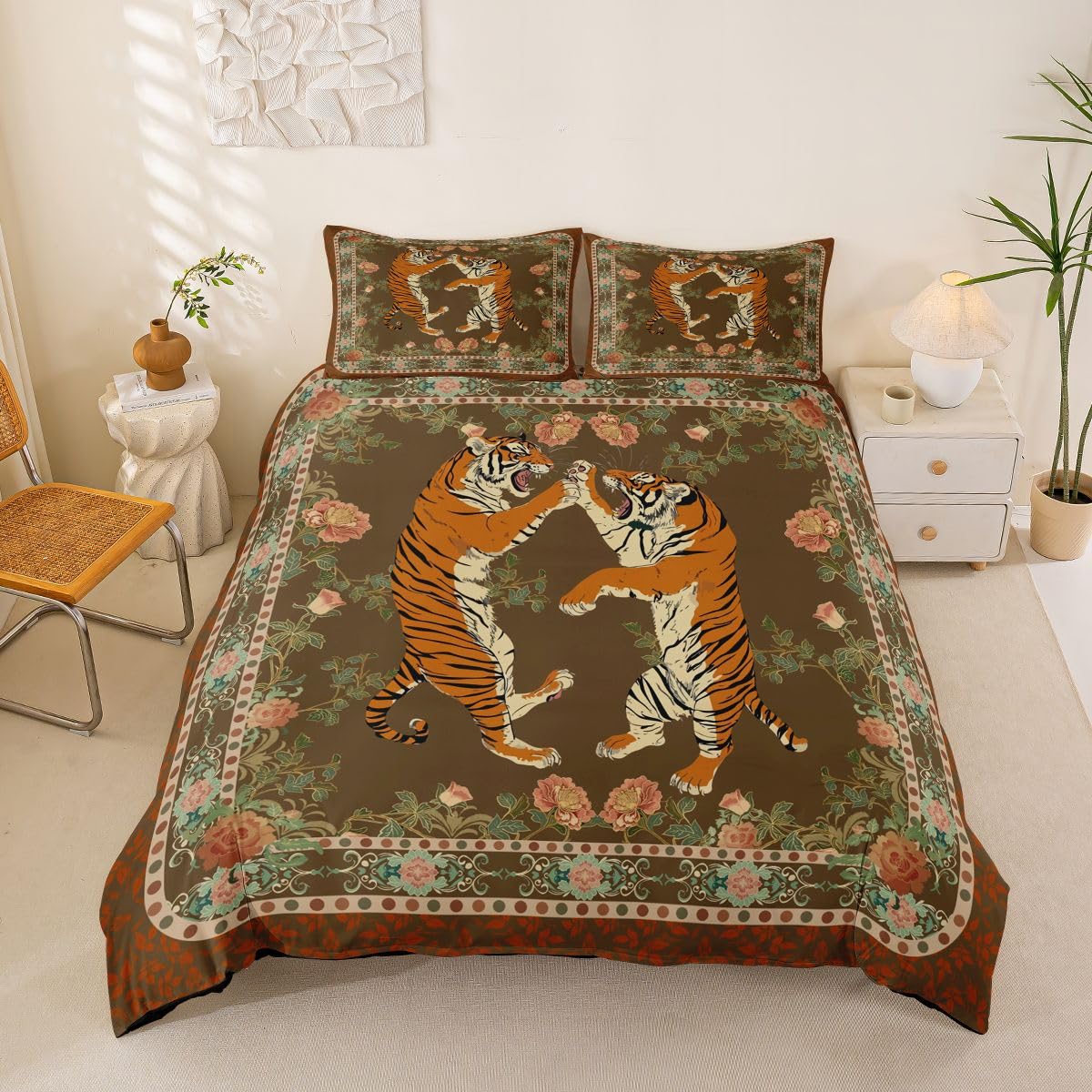 Homewish Vintage tygrys kwiatowy super king poszewka na kołdrę zaciekłe symetryczne zwierzę zestaw pościeli ozdobna botaniczna poszewka na kołdrę boho dżungla estetyczna brązowa żółta zestawy łóżek