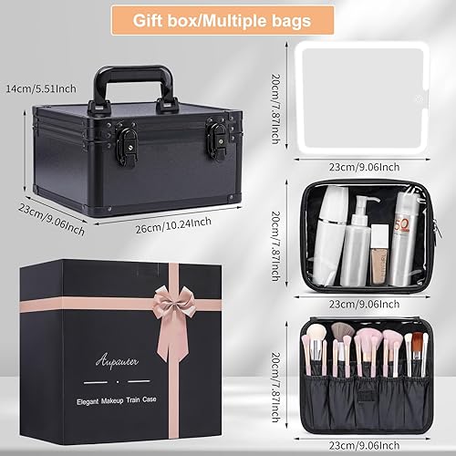 Miniatura 5 de Caja de maquillaje con espejo LED, estuche de tren de viaje con espejo iluminado recargable, divisores ajustables, organizador de brochas