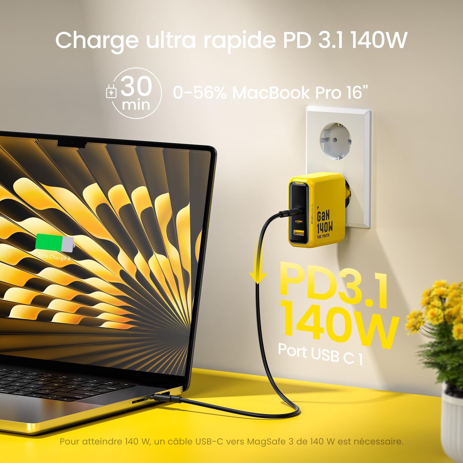 AOHI Youth 140W Chargeur USB C GaN+ PD3.1 PPS 100W Adaptateur 3 Ports Chargeur Rapide Prise USB C Compatible avec MacBook Air/Pro, Dell XPS, iPhone 17/16/15, iPad Pro, Tablet, Chromebook,Jaune