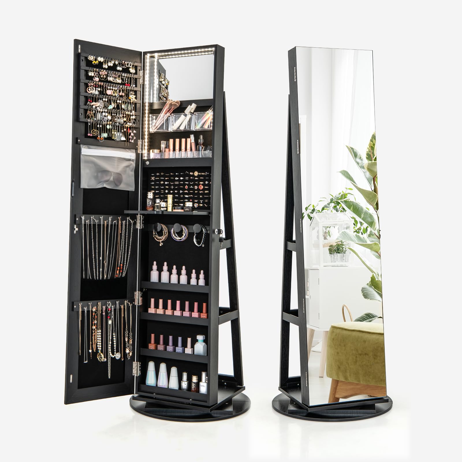 LDAILY 360° Rotating Mirrored Jewelry Armoire, Full-Length Mirror with Storage, Lockable Jewelry Cabinet w/ 3-Color LED Lights, Rear Storage Shelves, Freestanding Jewelry Organizer (Black)
