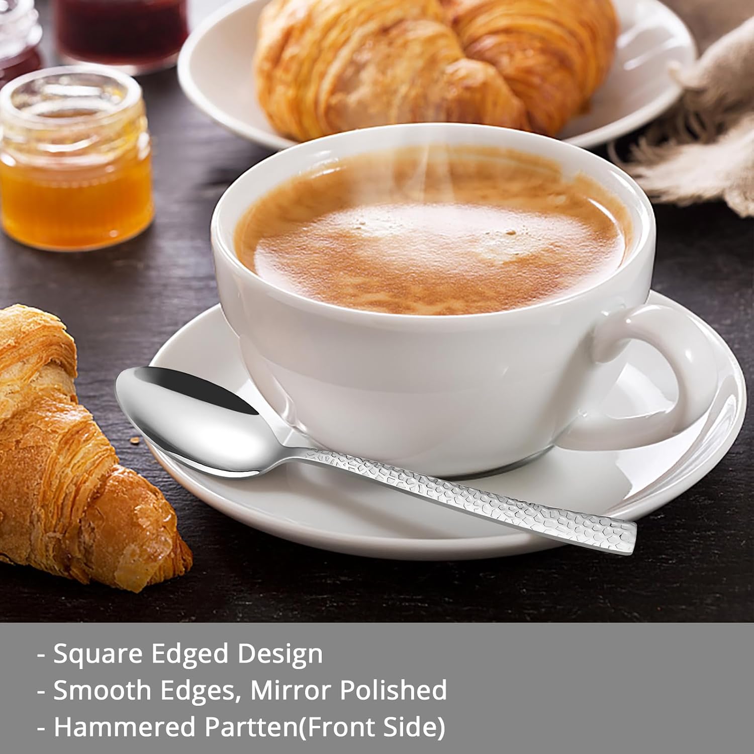 E-far Teaspoon Set of 12, E-far 6.7 Inch Hammered Stainless Steel Spoons for Kitchen or Restaurant, Non-toxic & Mirror Polished, Squared Edge & Dishwasher Safe