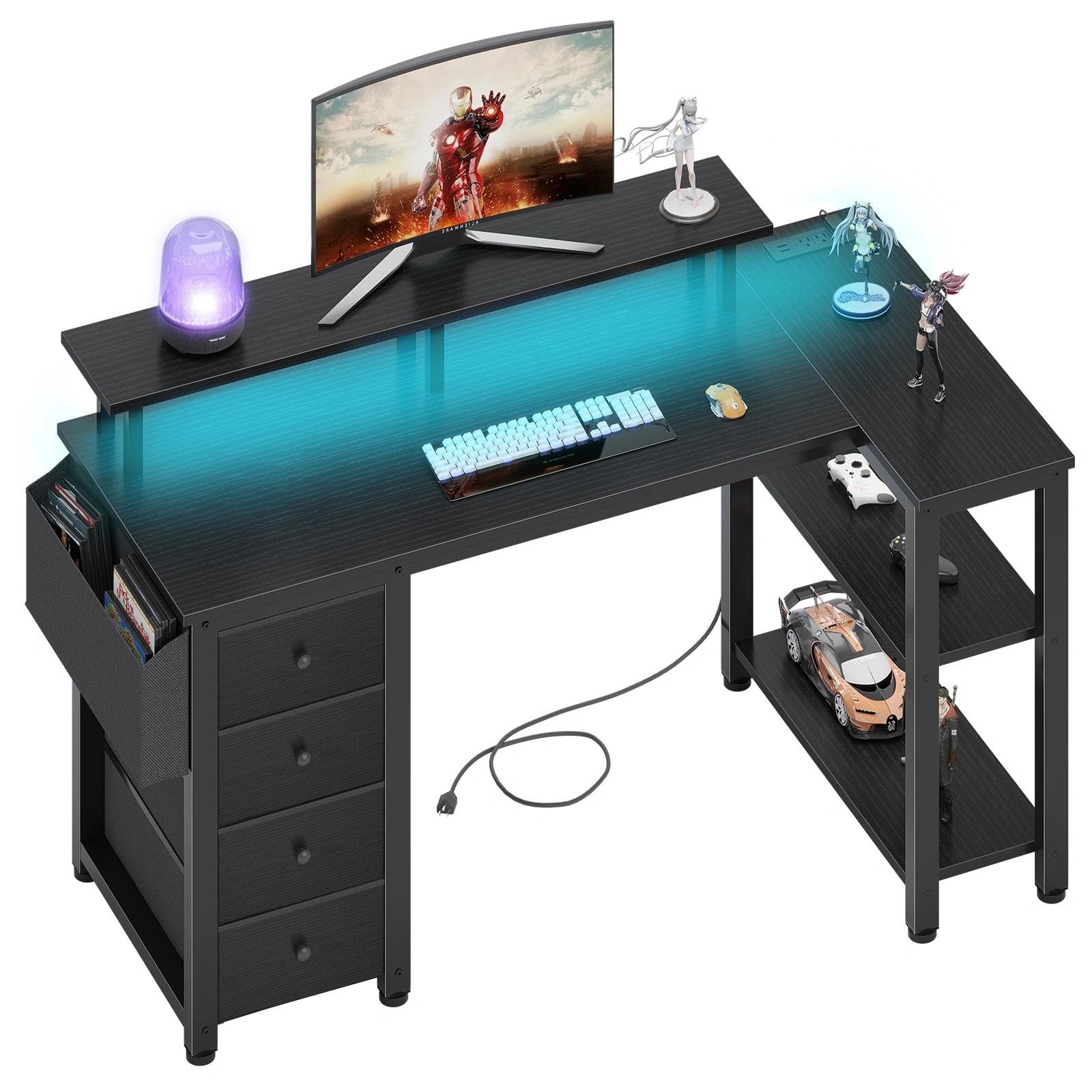 Lufeiya Black L Shaped Desk with Led Lights and Power Outlets, 47 Inch Writing Study Computer Gaming Desks with Fabric Drawers for Bedroom, Home