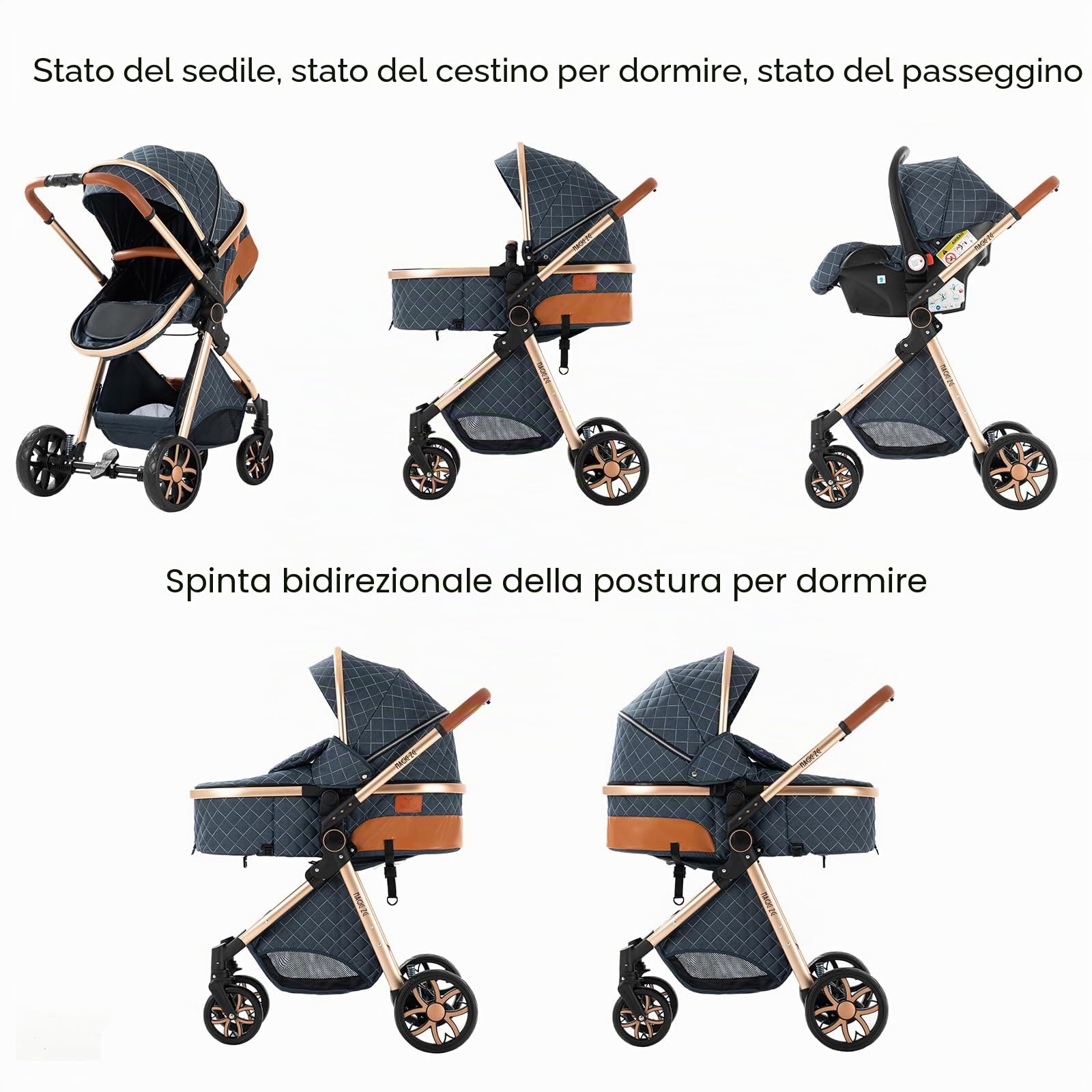 Sistema da viaggio 3-in-1, passeggino per neonati e bambini, con seggiolino, tettuccio regolabile, da 0 a 36 mesi (Blu Jeans)