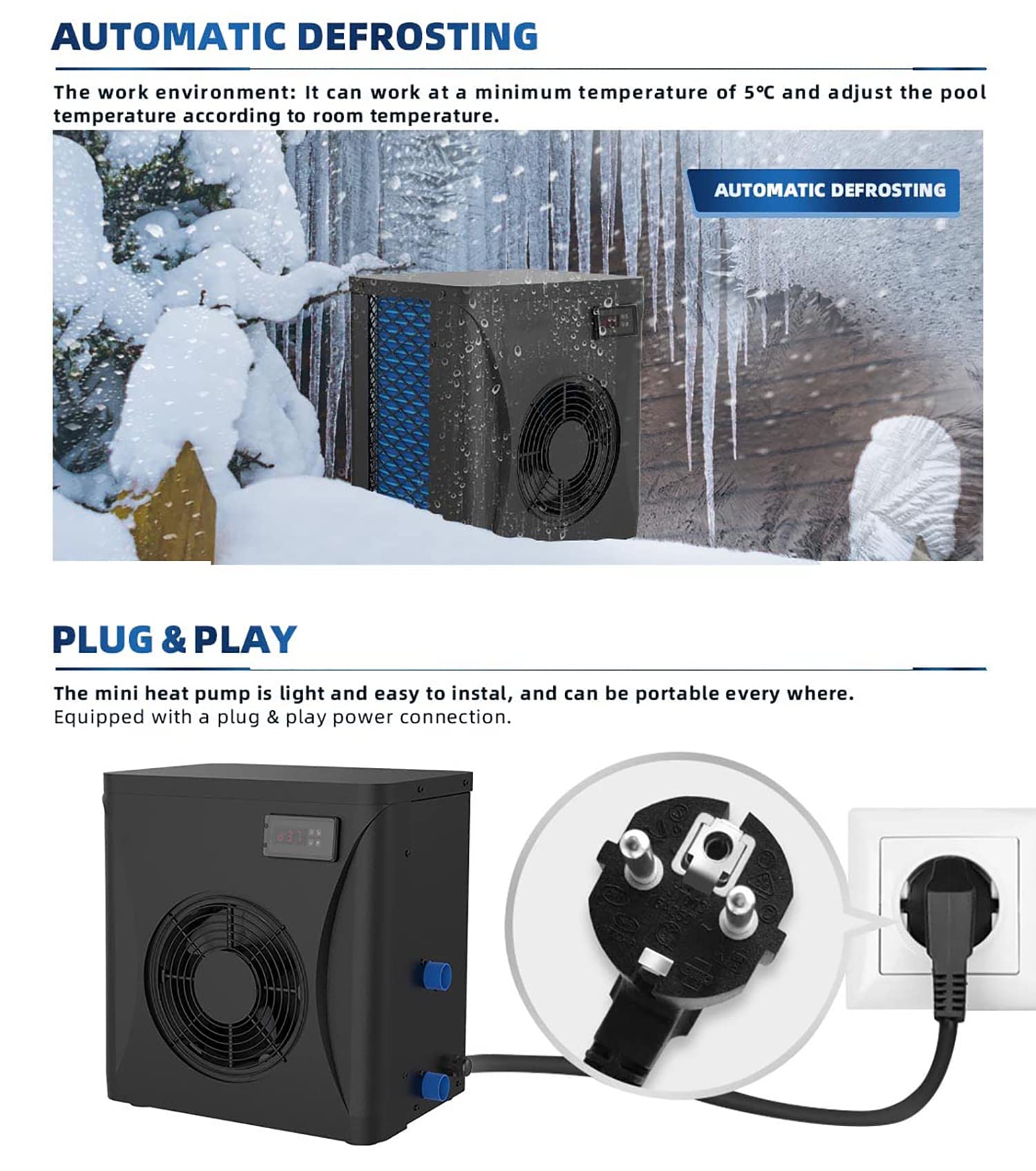 Pompe à Chaleur pour Piscine et Chauffe-Eau électrique pour Spa avec régulateur de température numérique, adapté aux piscines ≤ 15 m³