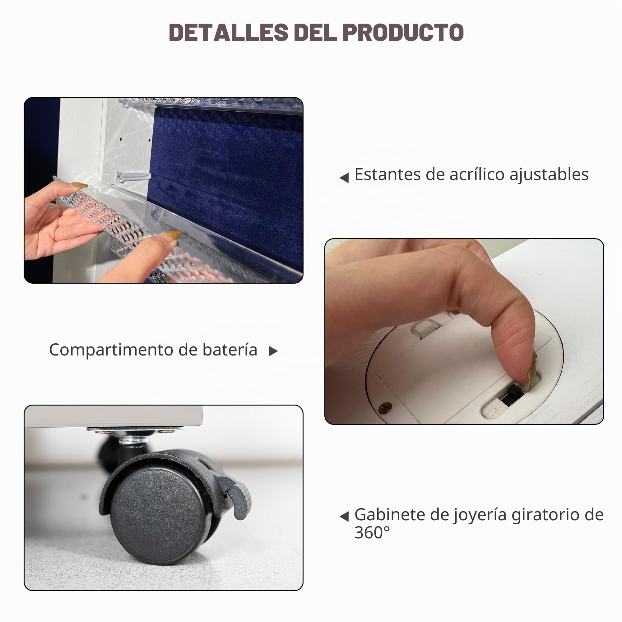 Lvifur 6LEDS Armario para Joyas con espejo de cuerpo completo,Espejo Joyero giratorio de 360​​​​°con 4 ruedas,organizador de joyas con espejo de pie con gran espacio de almacenamiento (6LED Blanco)