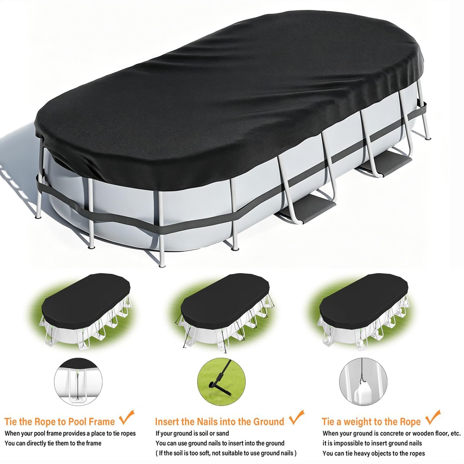 Cobertor Piscina Ovalada 9x18FT, Tela Oxford 420D Cubre Piscinas, Resistente al Agua, al Polvo y al Desgarro Cobertor Piscina Invierno con Cuerda y Estacas para el Suelo