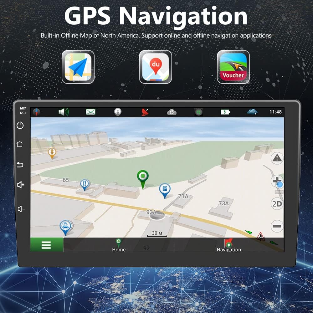 AWESAFE Car Stereo displaying a GPS navigation map with a route highlighted.