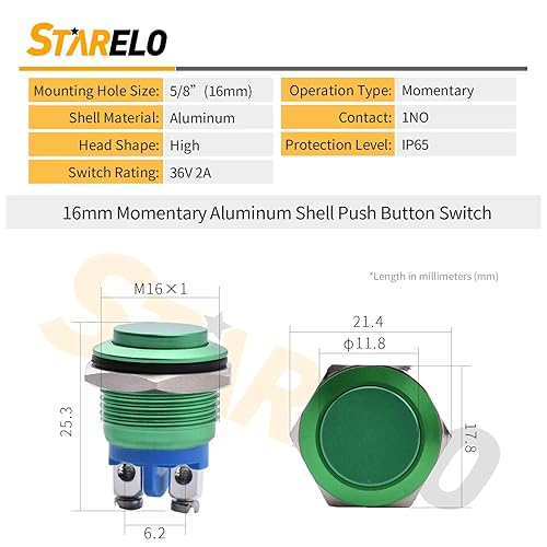 Miniatura 22 de STARELO Interruptor de botón momentáneo de 0.630 in, 5/8 pulgadas, alto redondo, 250 V, CA, 5 A, 12 V, 36 V, CC 2A, 1 NO SPST, carcasa de aluminio