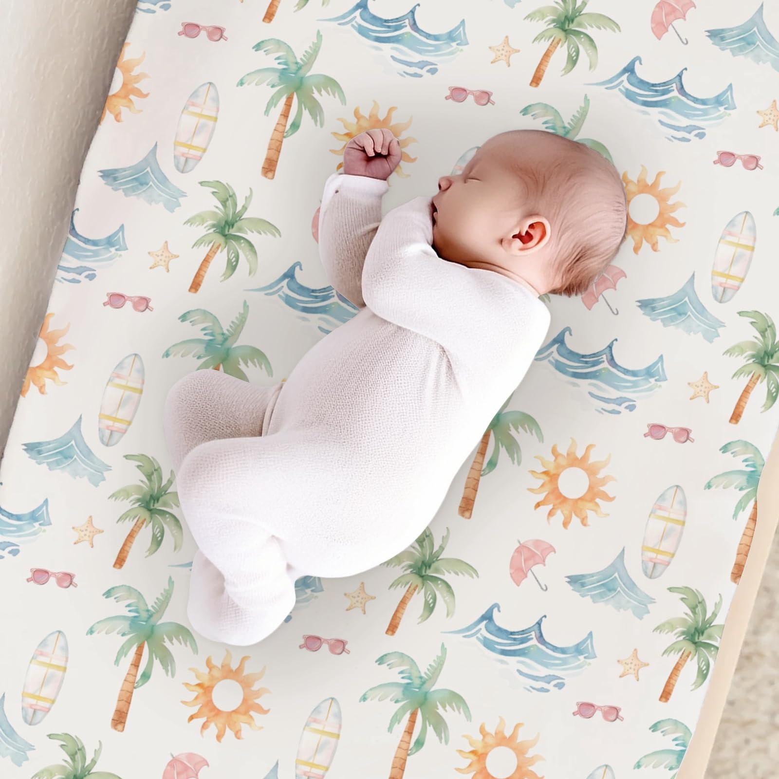 Tropical Beach Fitted Crib Sheet - 28x52 Inch Microfiber Baby Mattress Sheet With Palm Tree Design