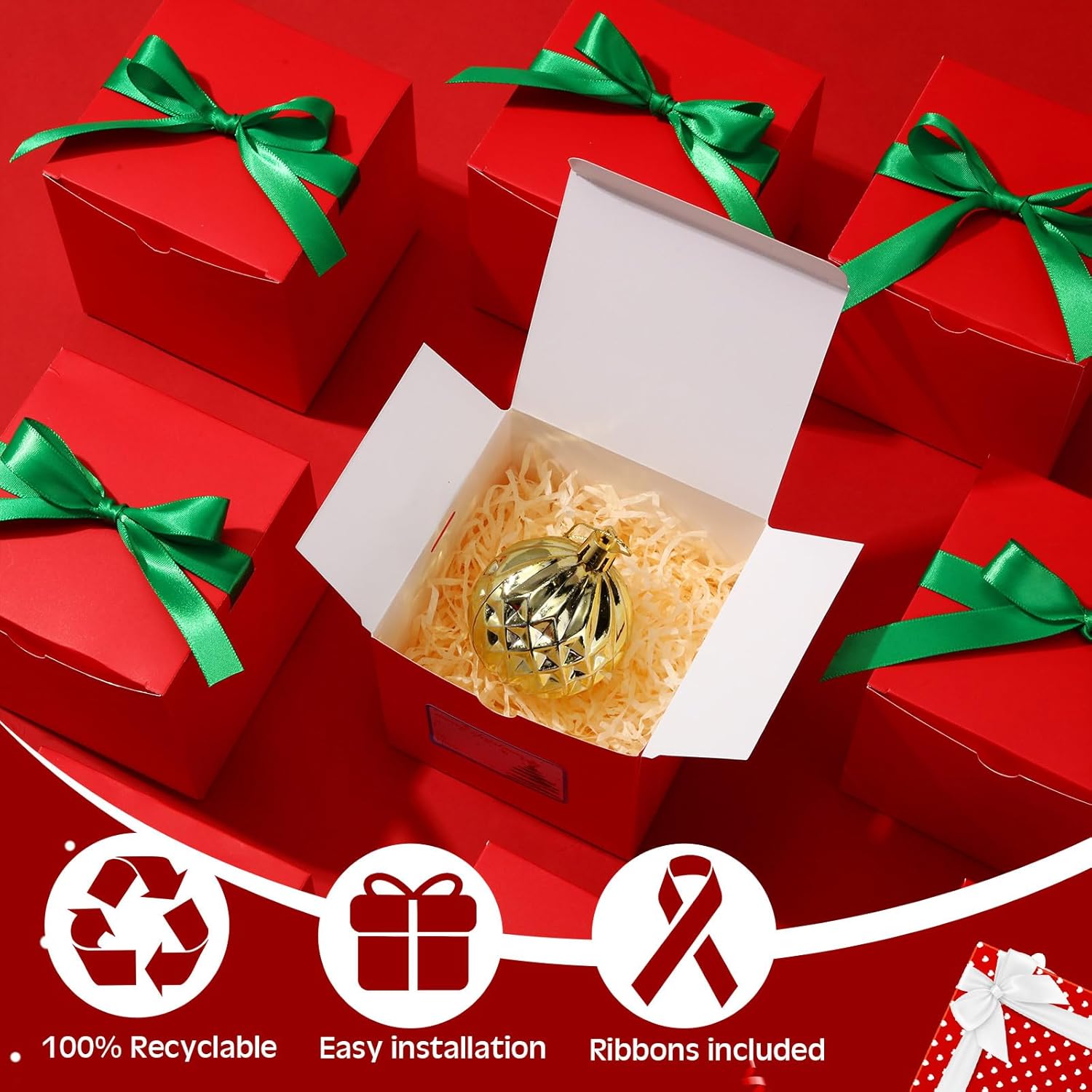 TecUnite 100 Pack Christmas Red Gift Boxes with Lids Tag,4x4x4 Inch Bulk Christmas Wrapping Boxes with Green Ribbon for Candles, Mugs, Crafting, Birthday Party