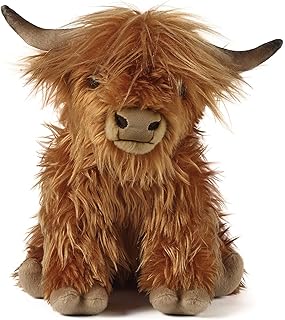 JiCHI 9.8 in Highland Cow Plush Stuffed Animal,Realistic Fluffy Cow Cuddly Farm Toys,Scottish Highland Cow Plush Soft Toy,Longhorn Stuffed Animal Doll (Brown)