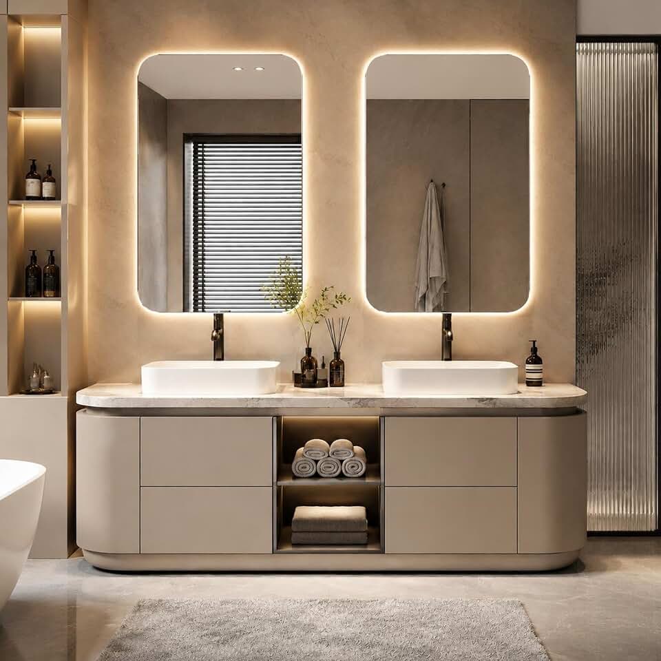 98 IN Freestanding Double-Sink Bathroom Vanity with LED Mirrors & Sinks