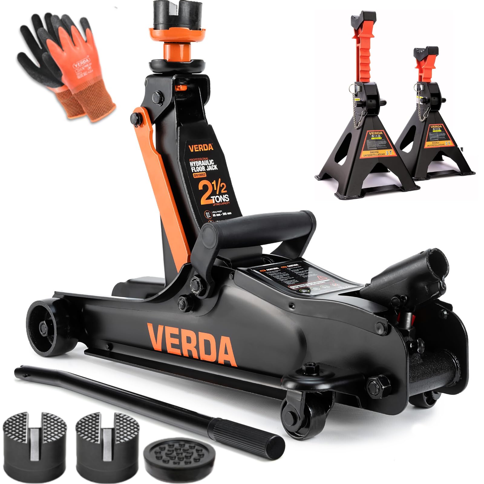 Gato hidráulico profesional de 2,5 T, 85-385 mm, 2 x goma, 2 x caballete para coche, profesional, todoterreno, plano, de acero