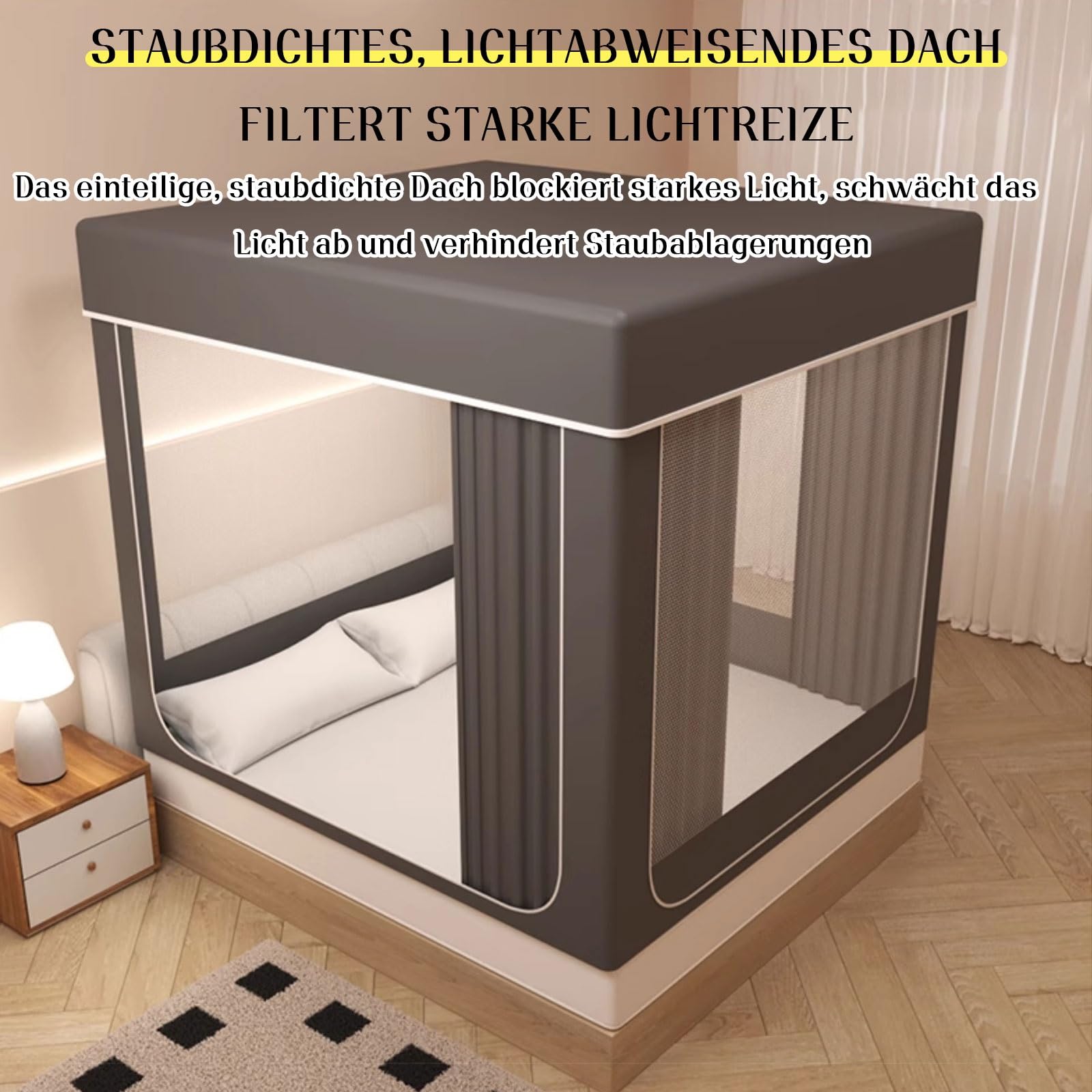 Schatten Moskitonetz mit Baldachin & Verdunkelungsvorhänge Datenschutz Mückennetz mit Ständer für Einzelbett Doppelbett Feinmaschiges Moskitonetze für Zuhause Schlafzimmer Kinderzimmer & Reise