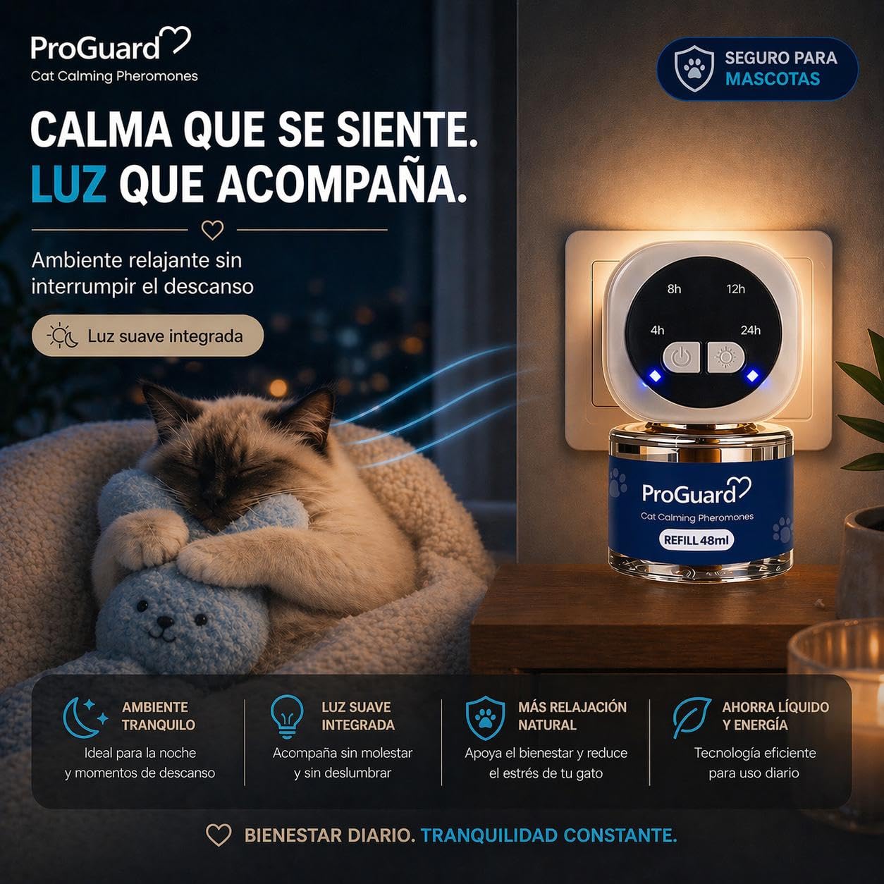 ProGuard® Difusor de Feromonas Calmantes para Gatos | Kit 3 Difusores con Temporizador + 6 Recambios (48 ml) | Solución Natural para Ansiedad y Estrés en Gatos y Gatitos, hasta 180 Días de Duración