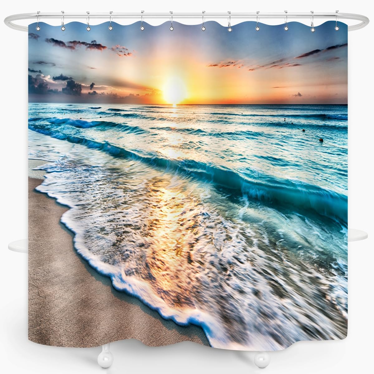 Ocean Shower Curtain Sand Beach Waves Sunrise Lanikai Theme Colorful Offshore Pacific Scenry Pattern Waterproof Fabric Bathroom Decor Set 72x72 Inch Plastic Hooks 12 Pcs Blue