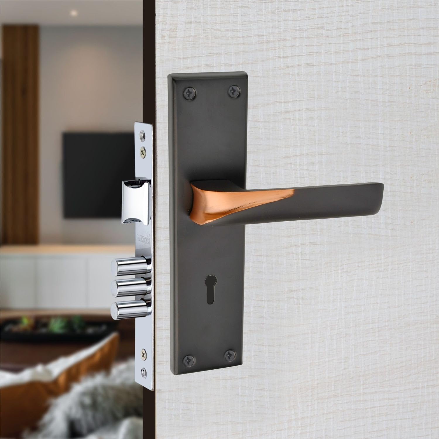 Milton Iron Mortise Door Handle Lock Set with Keyhole, Finish Black 200mm x 50mm Plate, 125mm Handle Length, Model MHI-581-image-41