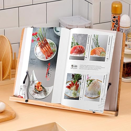 Miniatura 21 de wishacc Atril de bambú para libros de cocina con 5 alturas ajustables de 13.2 x 9.2 pulgadas