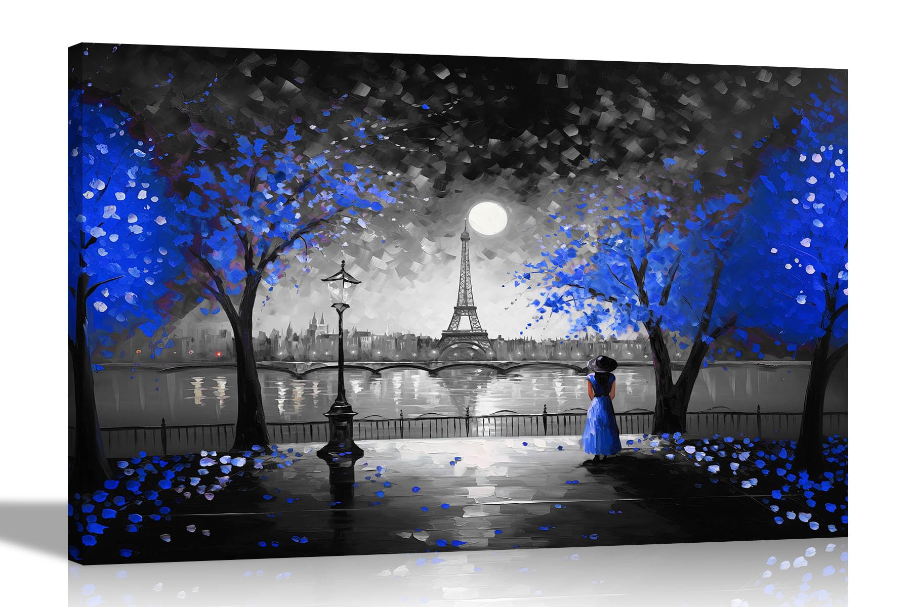 Artley Prints Blue Black And White Moonlight Eiffel Tower Canvas Wall Art For Living Room | Abstract Pictures And Prints Ready To Hang 51 X 35Cm (20 X 14 Inches)