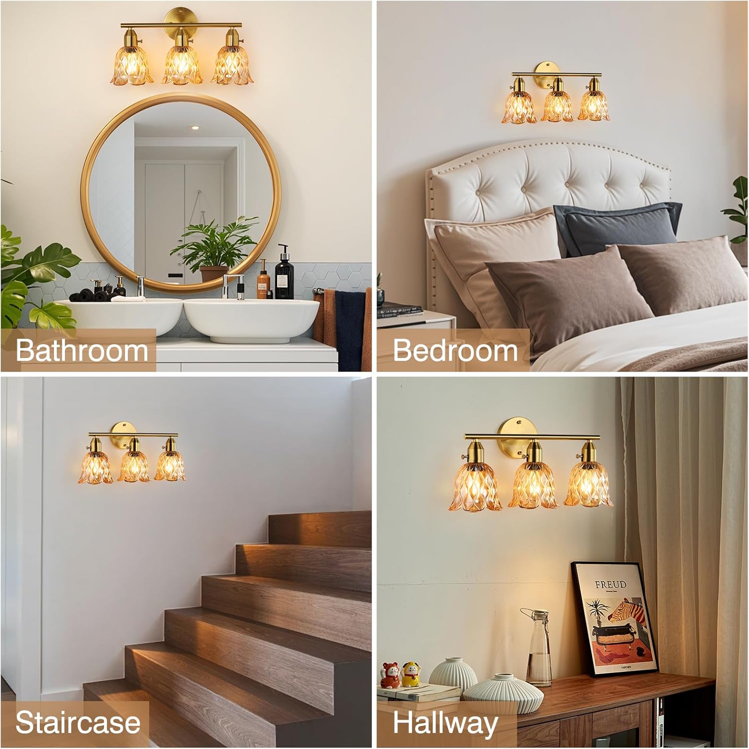 Vintage Bathroom Light Fixtures,3-Light Hardwired Vanity Lights Over Mirror,Brass Wall Sconces with Amber Tulip Glass Shade for Bathroom Bedroom Stairway Living Room(Bulbs Not Included,E26 Socket)