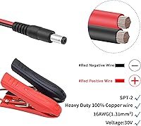 Vista 3 de YACSEJAO Cable de pinzas de cocodrilo de batería de CC 5.5 de 0.083 in macho a batería, cable de extensión de 12-24 V con abrazadera de batería