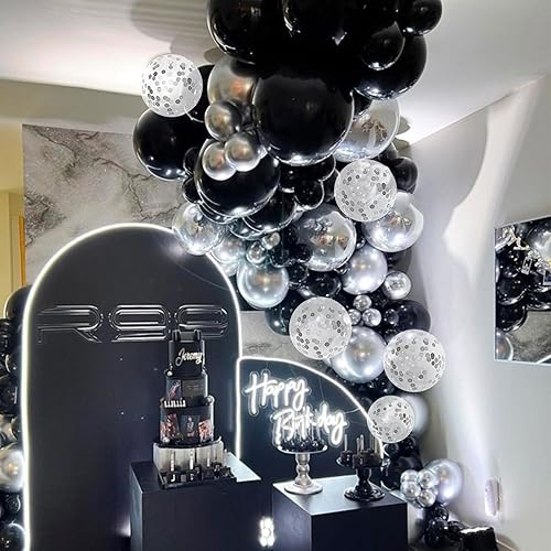 Miniatura 5 de Felice Arts Kit de arco de guirnalda de globos negros y plateados con globos de confeti de látex, globos de estrella de explosión plateada para