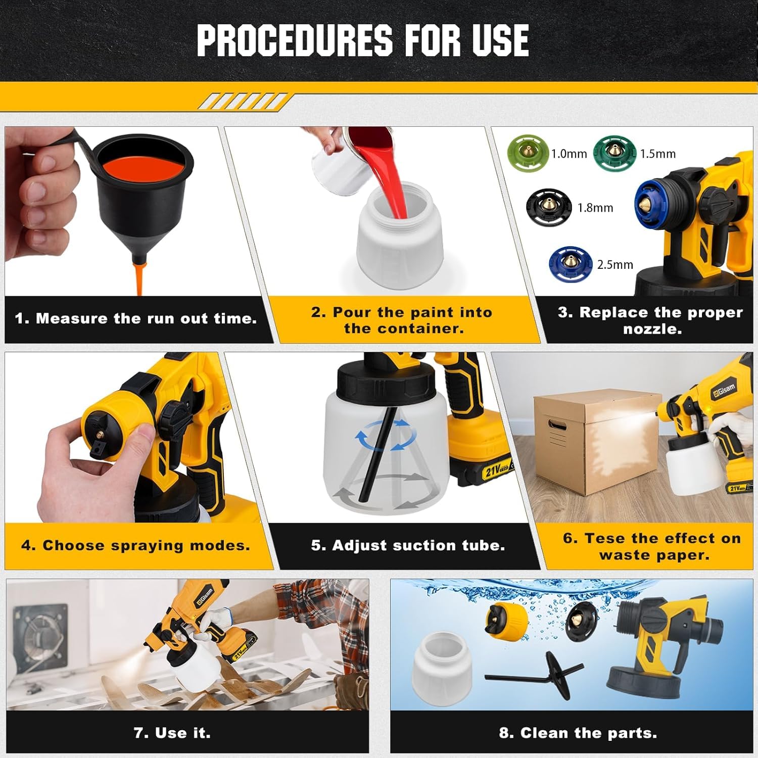 Gisam Pistolet a Peinture sans Fil, Pistolet Peinture Electrique avec 2 x 2Ah Batterie, 4 Buses & Réservoir de 1000ml pour Peinture Murale Intérieure & Extérieure (2-avec 2 Batterie)
