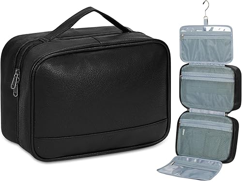 WANDF Neceser de viaje para hombres y mujeres, kit Dopp bolsa de afeitar con 4 compartimentos organizador de viaje bolsa de baño, Negro -