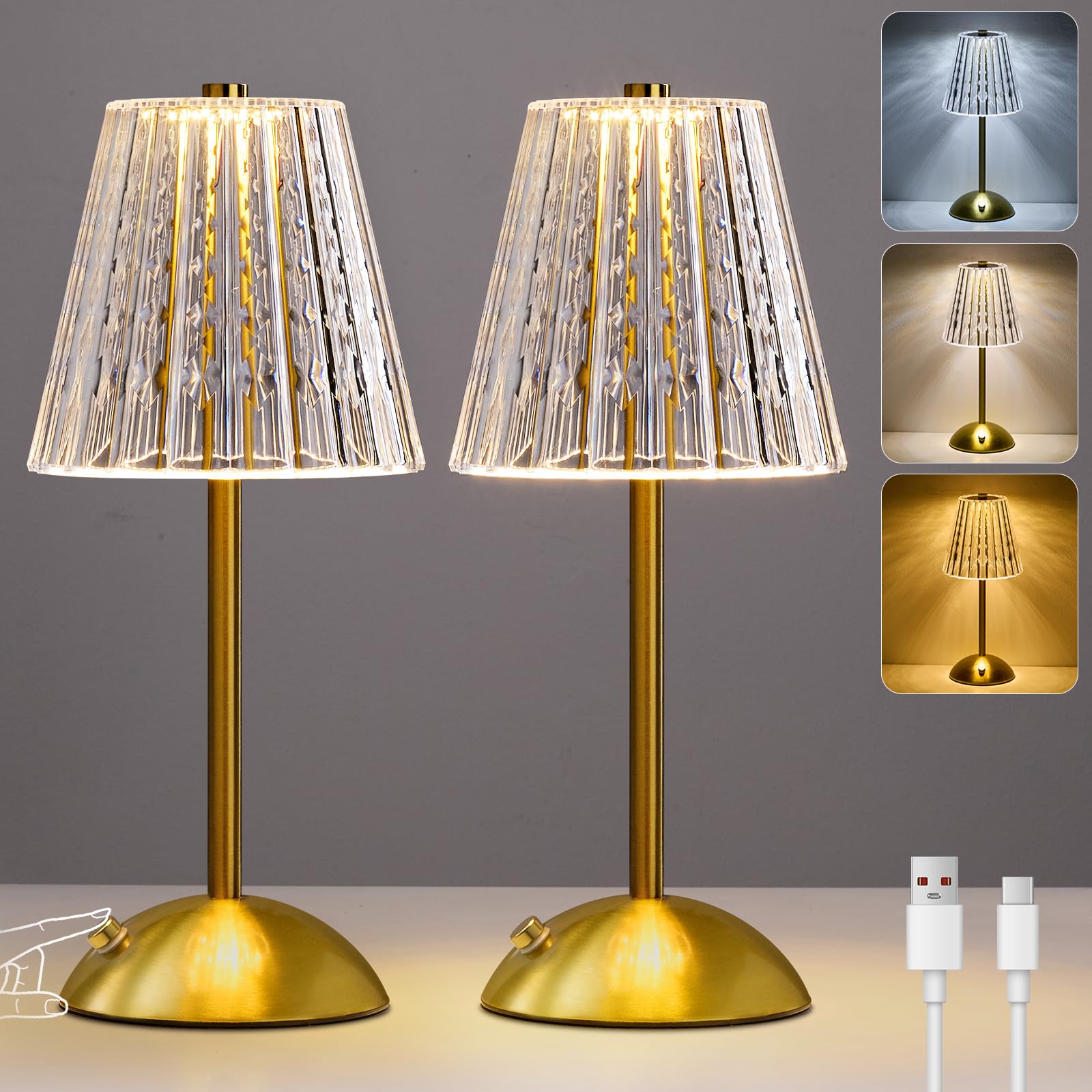 2Pack Rechargeable Table Lamp, Stepless Dimmable Touch Lamps Bedside Lamps, 3 Colors Cordless Table Lamp, Gold LED Table Lamp Acrylic Lampshade Reading Lamp for Living Room Bedroom Bar Restaurant