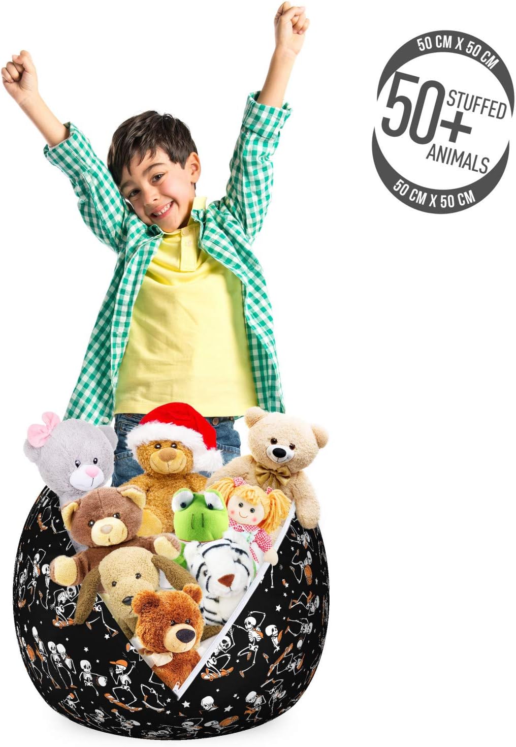 Ambesonne Halloween Storage Toy Bag Chair, Skeletons with Pumpkins Skating Musician on Dark Background, Stuffed Animal Organizer Washable Bag, Small Size, Charcoal Grey