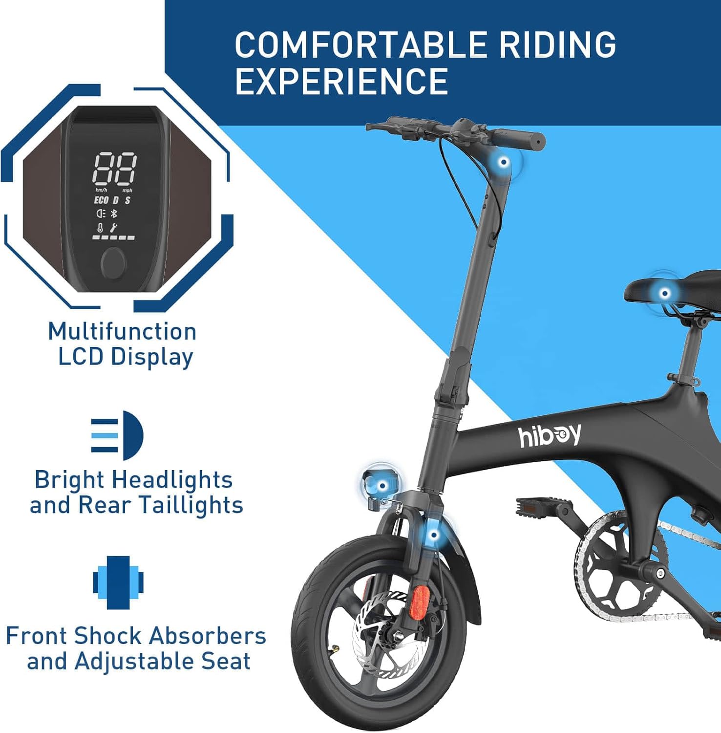 Close-up of Hiboy C1 electric bike display, headlights, and front suspension