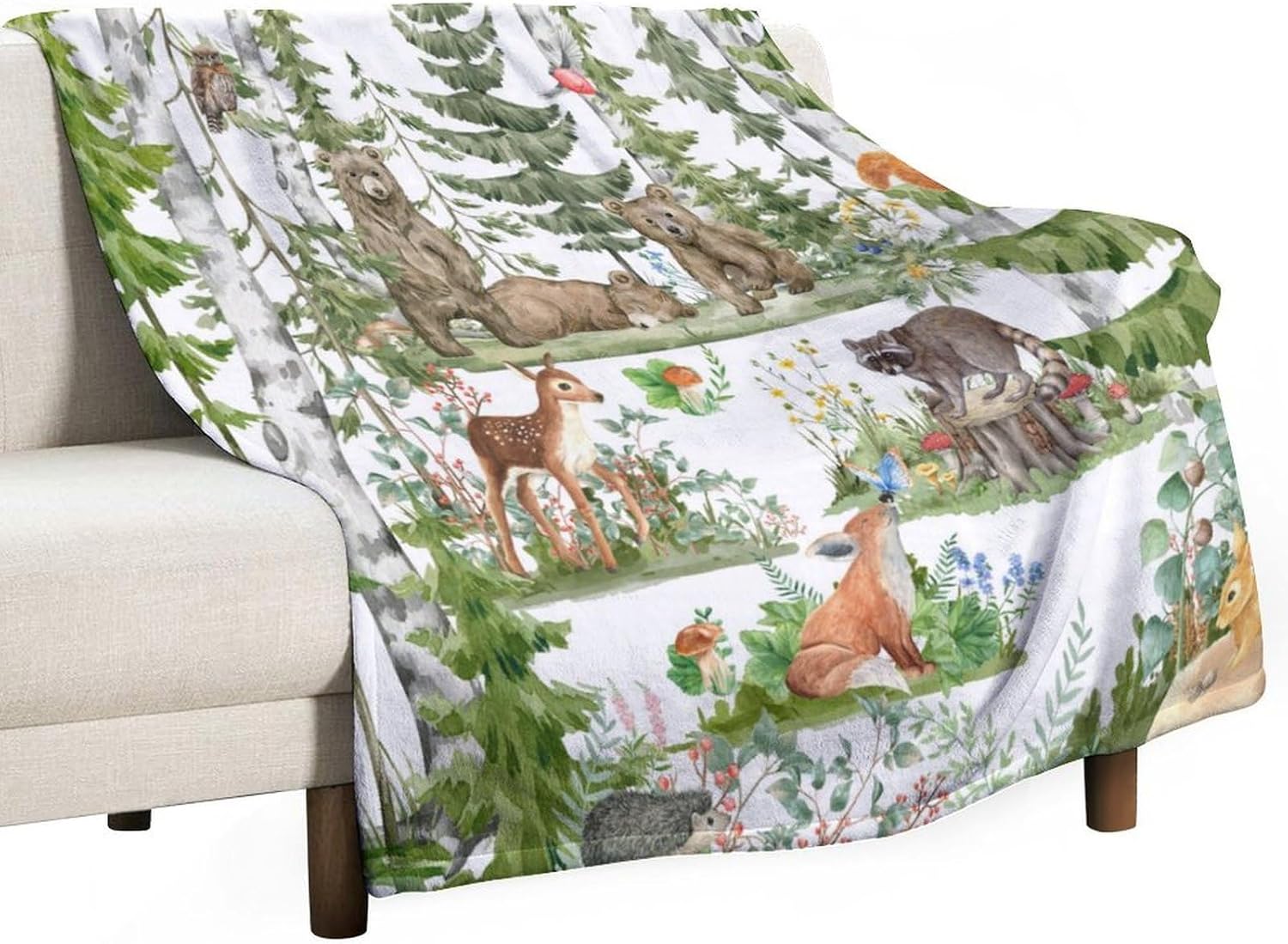 Forest Animal Blanket Watercolor Wild Animal Bear Fox Deer Kids Green Woodland Tree Print Blanket for Girls Kids Room Nursery Couch Sofa Bed Decorative Gifts 50x60