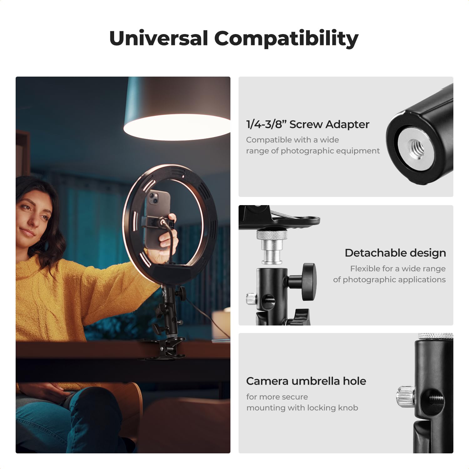 K&F CONCEPT Heavy Duty metalowy uchwyt do reflektora typu E, regulacja 180° i 360°, uchwyt do fotografowania, tło lampy błyskowej, adapter śrubowy 1/4-3/8