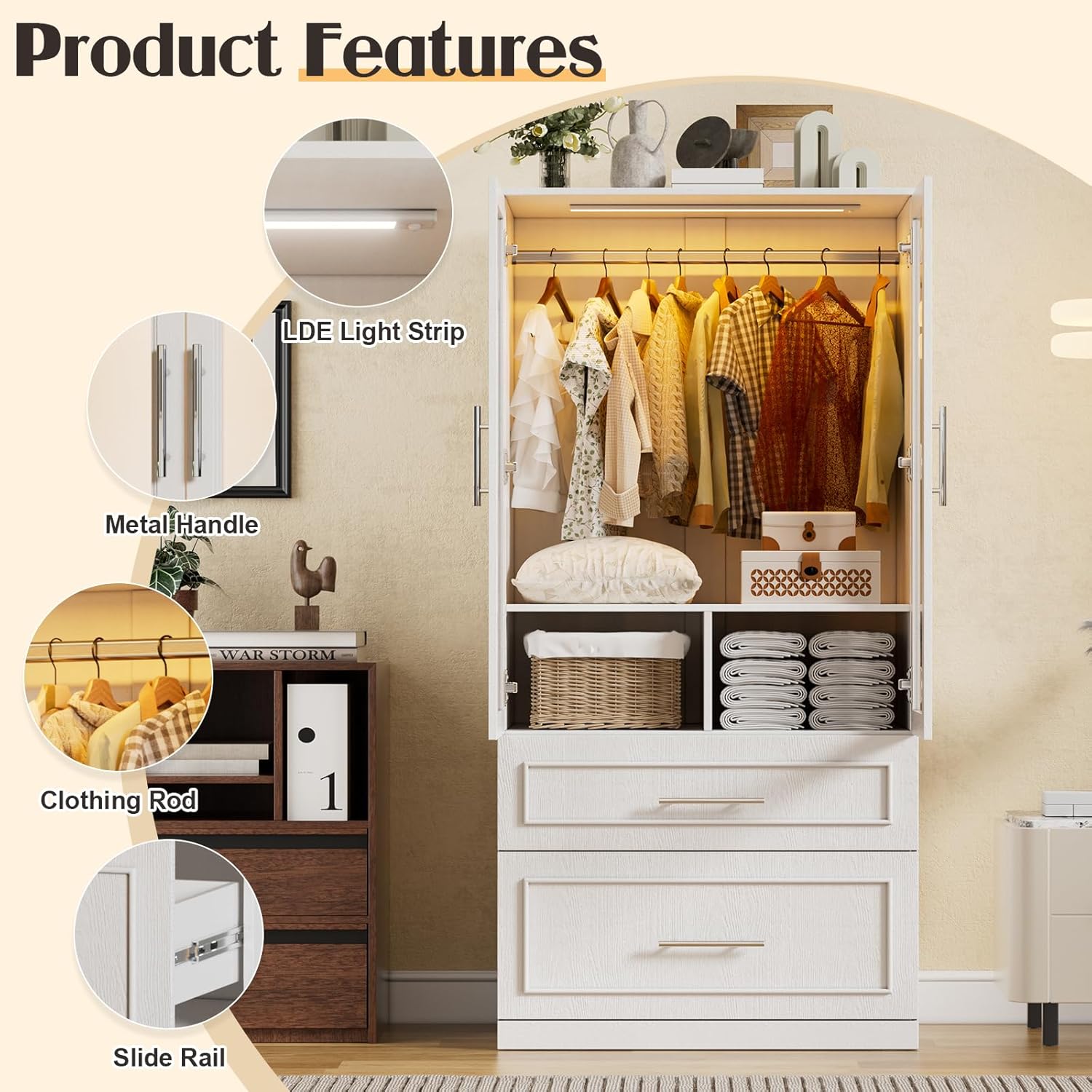 Armoire Wardrobe Closet with Drawers and LED Lights,71" Bedroom Closet Wardrobe Cabinet with 2 Glass Doors & Hanging Rod, Wooden Freestanding Armoire Storage Cabinet for Cloakroom,White