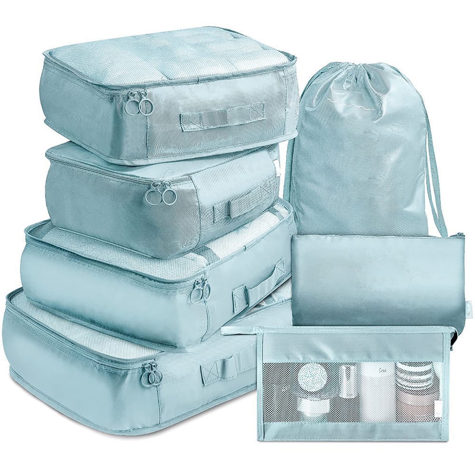 Packwürfel, 7 Stück, Dicke Reise-Organizer, Packtaschen, Reisegepäck-Pack-Organizer mit Schuhbeutel, Seeblau