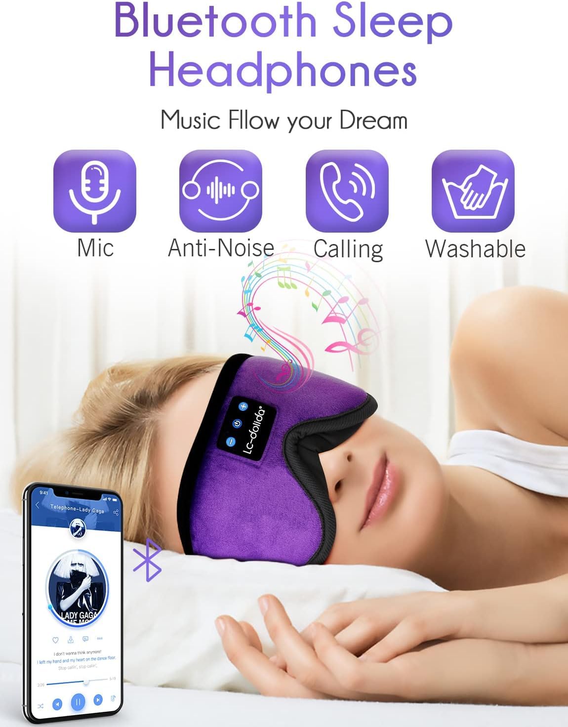 LC-dolida Sleep Headphones, Sleep Mask Bluetooth Wireless Music Eye Mask, Sleeping Headphones for Side Sleepers Sleep Mask with Bluetooth Headphones Ultra-Thin Stereo Speakers Perfect for Sleeping view 4